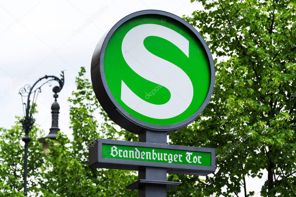 S-Bahn rapid transit railway system Brandenburger Tor sign in Berlin, Germany
