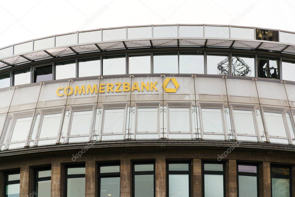 BERLIN, GERMANY - MAY 15 2018: Commerzbank AG banking and financial services company logo on branch building on May 15, 2018 in Berlin, Germany.
