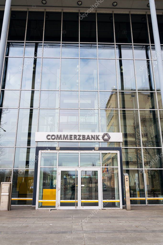 DRESDEN, GERMANY - APRIL 2 2018: Commerzbank AG banking and financial services company logo on branch building on April 2, 2018 in Dresden, Germany.