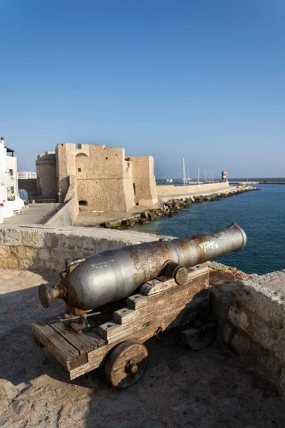 Topçu top silah önünde Carlo V Castle Port Monopoli, Apulia, Bari eyaletinde, İtalya