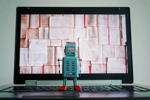 Roboti Otevřené Knihy Umělá Inteligence Velká Data Hluboké Učení Koncepce — Stock fotografie
