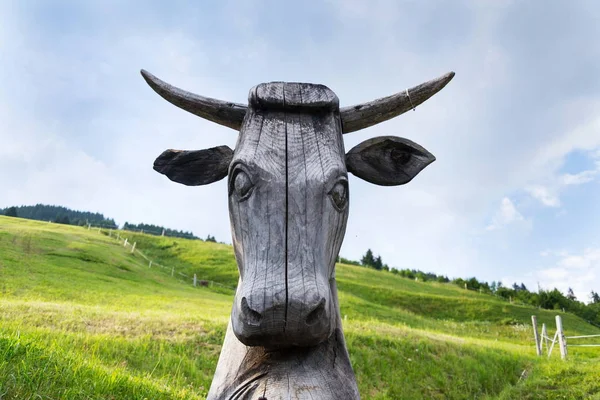 Statua Testa Mucca Legno Con Bel Verde Alpi Alpeggio Sfondo — Foto Stock