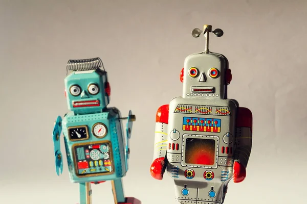 Two Vintage Tin Toy Robots Robotic Delivery Artificial Intelligence Concept — Stock Photo, Image