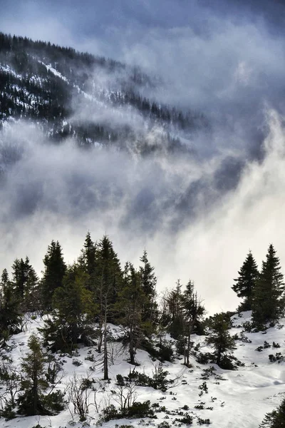 Sonnenstrahlen Durch Nebel Und Wolken Der Wunderschönen Winterlandschaft Von Labsky — Stockfoto