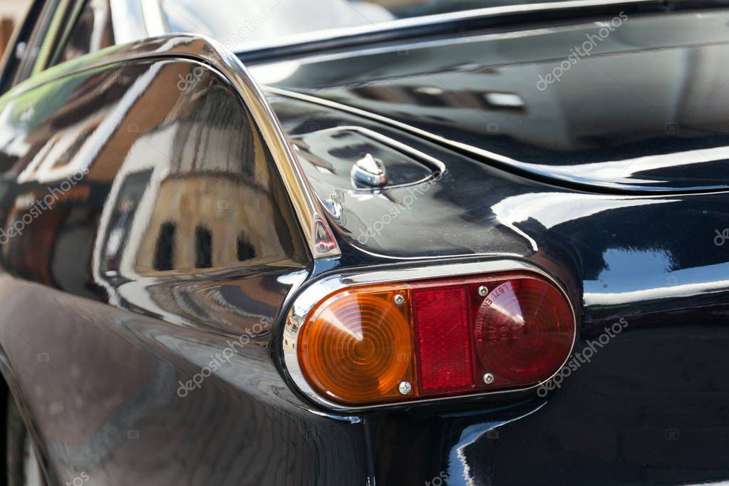 SAALBACH-HINTERGLEMM, AUSTRIA - JUNE 21 2018: Vintage car Volvo P 1800 S oldsmobile veteran produced between 1961 and 1973 stands on June 21, 2018 in Saalbach-Hinterglemm, Austria.