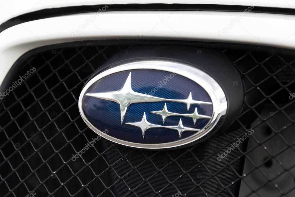 PRAGUE, CZECH REPUBLIC - SEPTEMBER 22 2018: Subaru company logo on car on September 22, 2018 in Prague, Czech Republic.