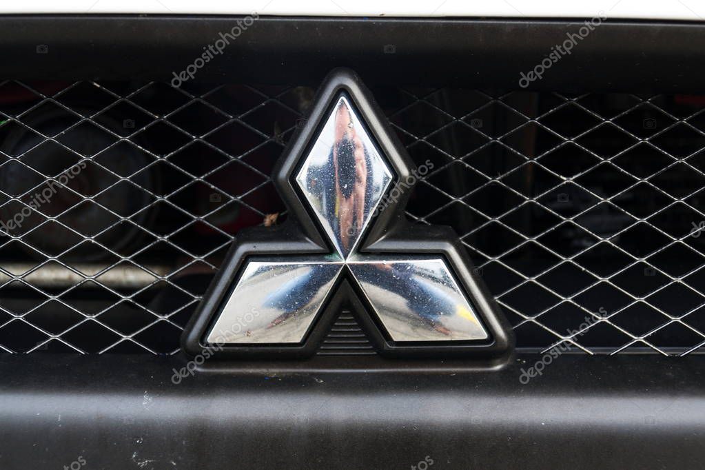 PRAGUE, CZECH REPUBLIC - SEPTEMBER 22 2018: Mitsubishi company logo on car on September 22, 2018 in Prague, Czech Republic.