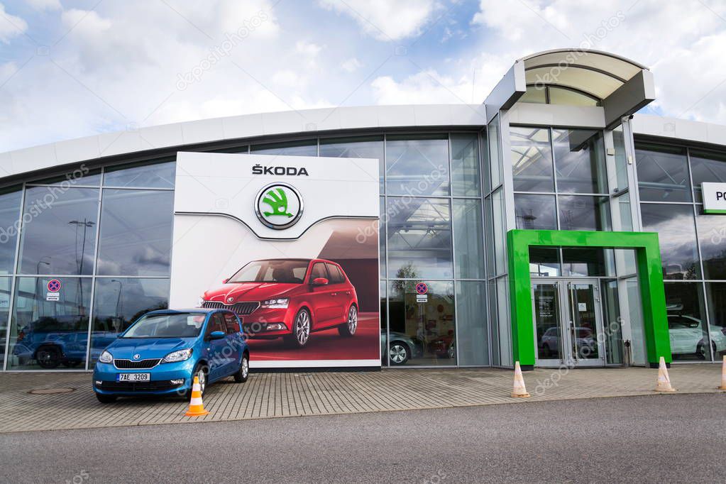PRAGUE, CZECH REPUBLIC - SEPTEMBER 22 2018: Skoda Auto company logo on dealership building on September 22, 2018 in Prague, Czech Republic.