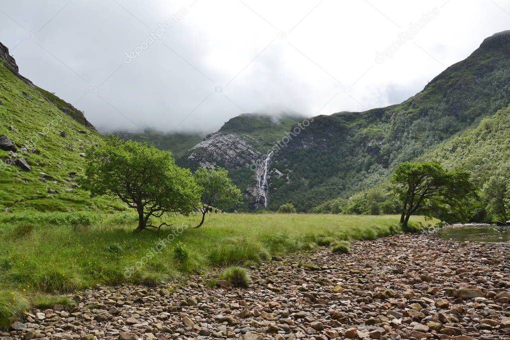 Glen Nevis valley with Steall Waterfall, called An Steall Ban or Steall Falls, second highest in Scotland, Fort William, Lochaber, Highlands, United Kingdom