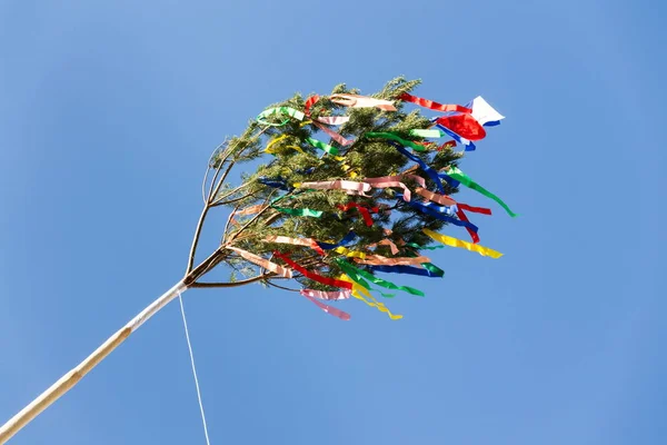 Maypole Madeira Alta Tradicional Erguido Com Fitas Pequena Bandeira Checa — Fotografia de Stock