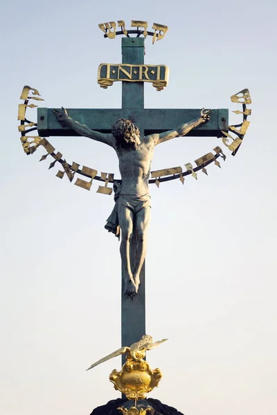 Beautiful Jesus Christ Crucifixion Bronze Statue Sunrise Statuary Cross Calvary Stock Picture