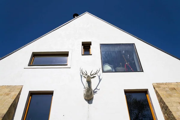 Deer head relief sculpture on facade of beautiful white village building in summer nature, sunny day, housing accommodation concept