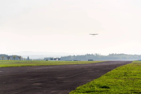 Unmanned Aerial Vehicle Surveillance Drone Light Camera Landing Airport Runway — Stock Photo, Image