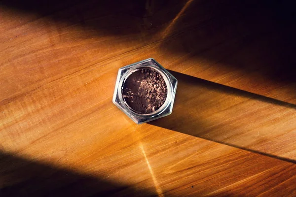 Kakaový Prášek Sklenic Dřevěný Hnědý Stůl Plochá Laický Pohled Zdravá — Stock fotografie