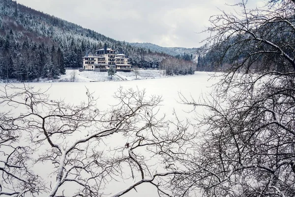 Solitary building in beautiful snowy winter forest landscape, frozen Brezova dam, Shining movie style
