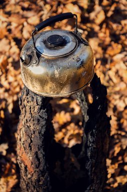 Sonbahar günü harcanan İsveçli yangın meşale ormandaki, düşen yapraklar Doğa arka plan, güneşli teneke çaydanlık duruyor