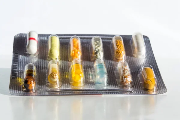 Various Colorful Pills Transparent Medicine Capsule Detail Isolated White Background — Stock Photo, Image