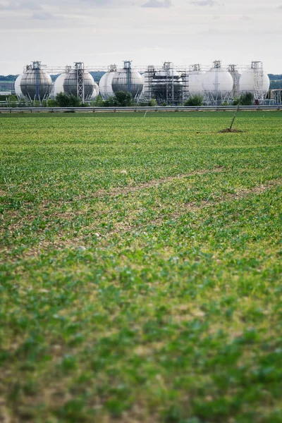 Behälter Für Flüssig Und Flüssiggas Kugelförmige Behälter Grünes Feld Vordergrund — Stockfoto