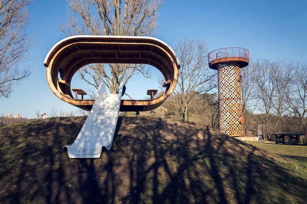 Beautiful Wooden Playhouse Children Slide Sunny Day — Stock Photo, Image