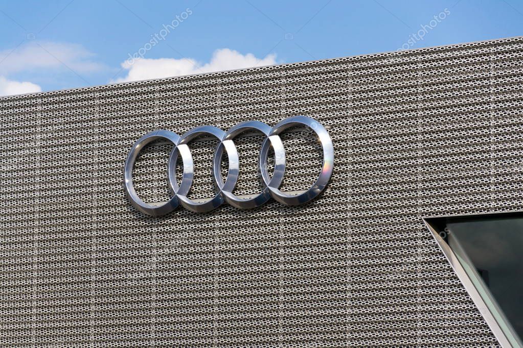 PRAGUE, CZECH REPUBLIC - MAY 6 2019: Audi company logo on dealership building on May 6, 2019 in Prague, Czech Republic.