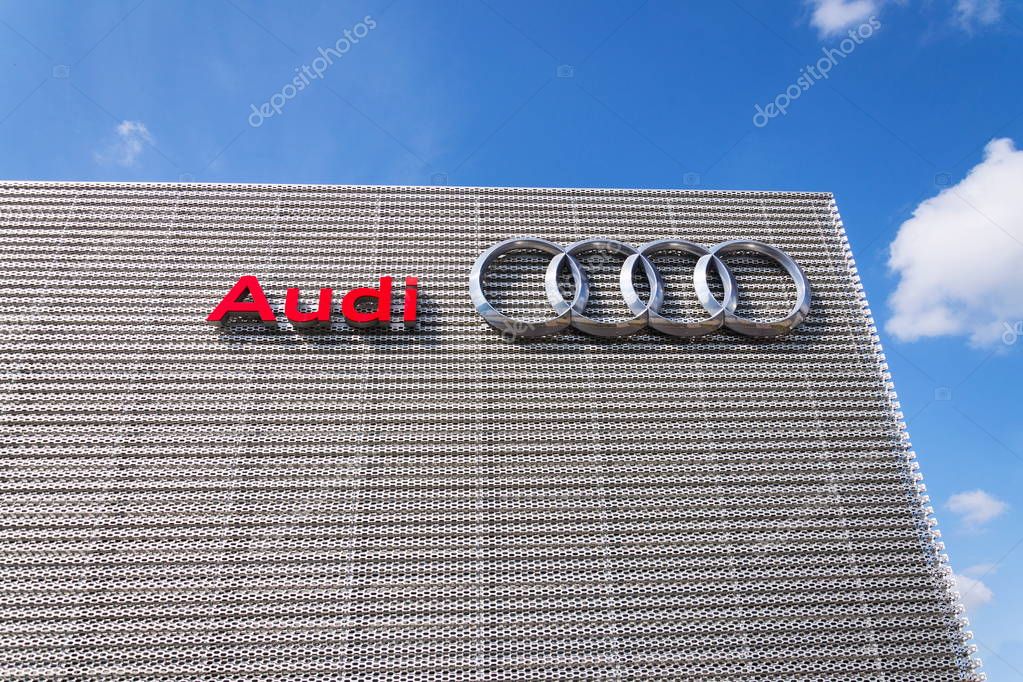 PRAGUE, CZECH REPUBLIC - MAY 6 2019: Audi company logo on dealership building on May 6, 2019 in Prague, Czech Republic.