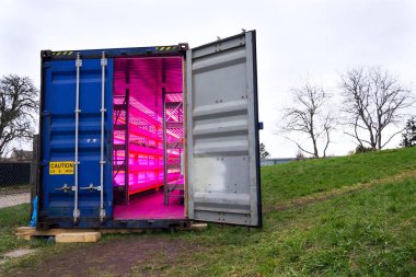 Yüklü aquaponics ile nakliye konteyner gitmek için hazır, sistem su balıkçılığı ile hidroponik birleştirir, yapay aydınlatma altında suda bitkiler yetiştirme