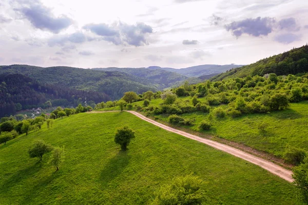 Çayırlar Meyve Bahçesi Zekâ Arasında Alan Yol Çarpıcı Havadan Görünümü — Stok fotoğraf