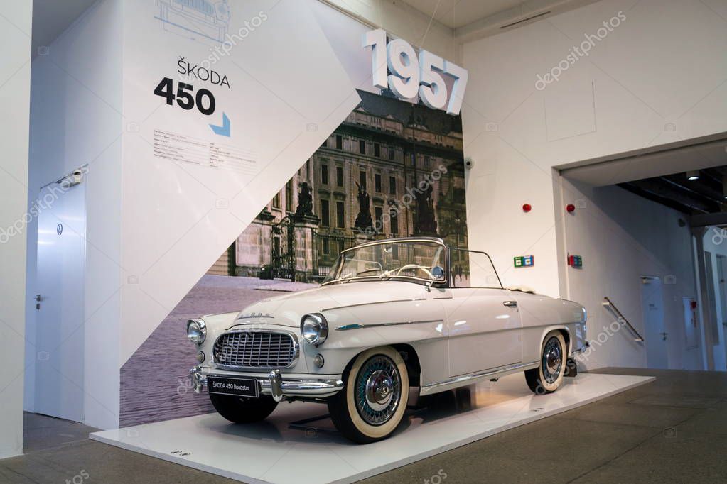 MLADA BOLESLAV, CZECH REPUBLIC - AUGUST 16 2019: Skoda 450 roadster white car produced from 1957 to 1959 on August 16, 2019 in Mlada Boleslav, Czech Republic.