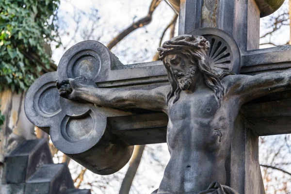 Beautiful Stone Jesus Christ Crucifixion Statue Grave 19Th Century Sunset — Stock Photo, Image