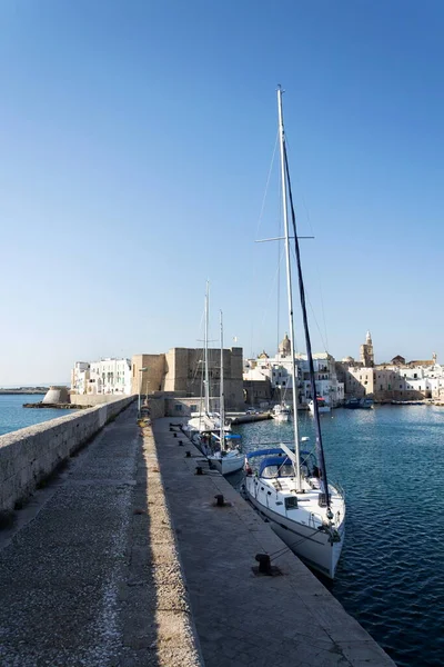 Beautiful Boats Monopoli Port Castle Carlo Church Background Apulia Bari — Stock Photo, Image