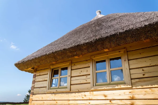 Detalhe Telhado Tradicional Palha Palheta Dia Ensolarado Verão — Fotografia de Stock