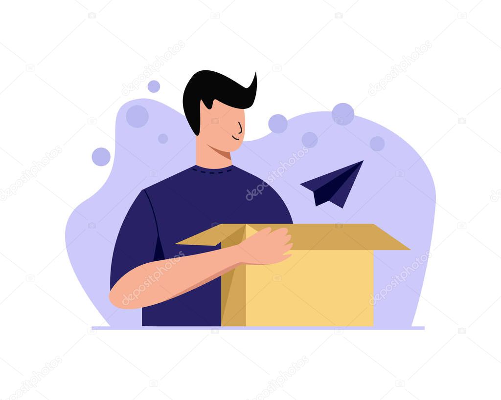 Design vector illustration of the concept of unboxing package goods
