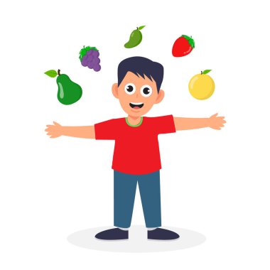 Meyveli çocuk çizgi film karakteri çizimi. vektör