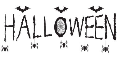 Siyah siluet örümcek ağı yarasa ağı grafik tasarım afiş deseni dekorasyon yazı tipi el yazısı harfi, Cadılar Bayramı korkunç, Ekim bayramı ve resim dövme kavramı..