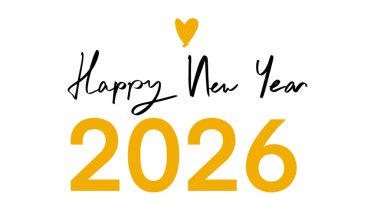 Yeni yılın kutlu olsun 2026 takvimine aşk sarı yazı tipi el yazısı yazı karakteri siyah renk yeni yıl 2026 aşk kalp şekli mutlu noel xmas Aralık etkinliği 