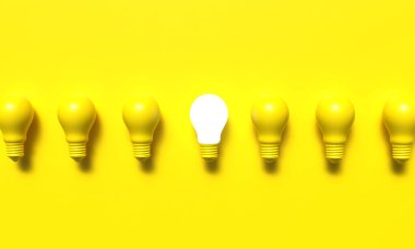 Ampul lambası grubu sarı turuncu arka plan duvar kağıdı farklı yenilikler için parlıyor parlak fikir ampul lambası parlak çözüm teknolojisi zeka ampul lambası fikri