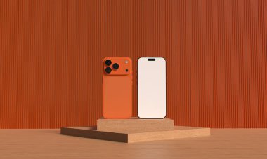Orange color smartphone mobile telephone backside frontside mockup empty blank frame business sale 17 seventeen series camera lathe orange color display mockup touchscreen showcase blank white color