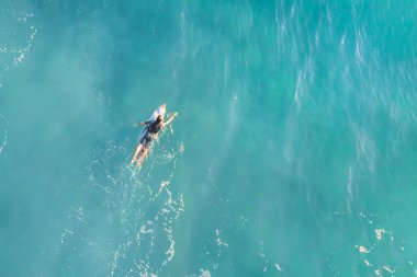 Sörfçü okyanusta bir sörf tahtası üzerinde kürek, üst görünümü
