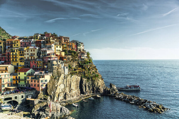 Scenic view of Manarola village and the sea in the province Liguria, Cinque Terre, northern Italy