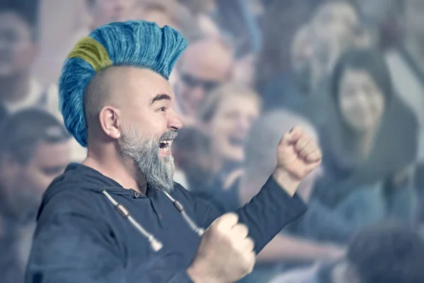 Emotional sport supporter with Iroquois haircut in colors of Sweden flag during a soccer or football match at the stadium