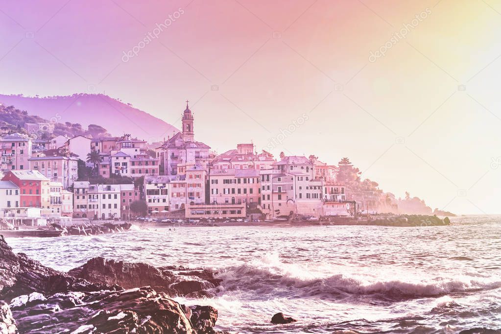 View from the sea to the Bogliasco during sunset - fishermen's Village of the Ligurian Riviera