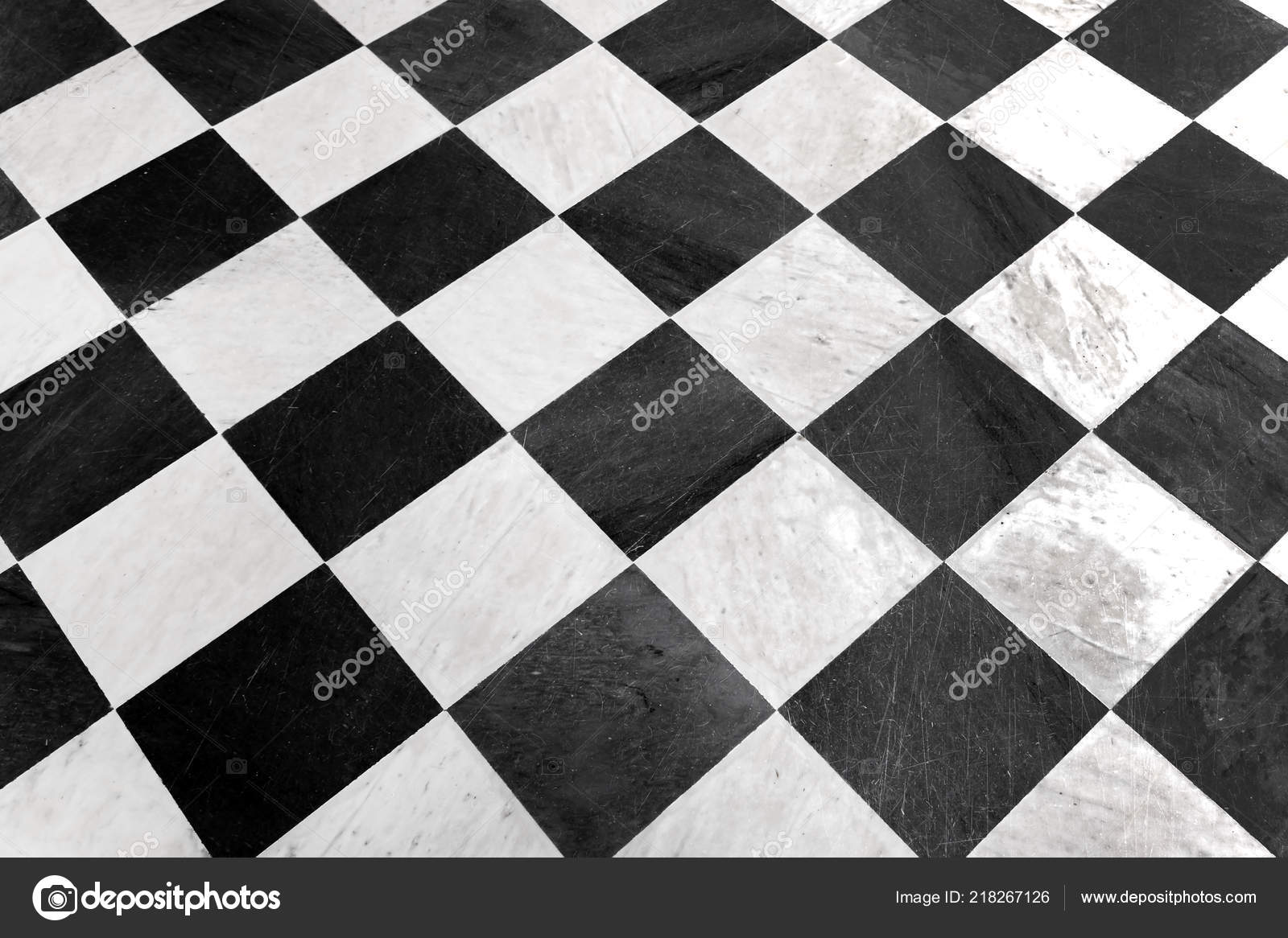 Black White Checkered Floor Tiles Marble Background Stock Photo