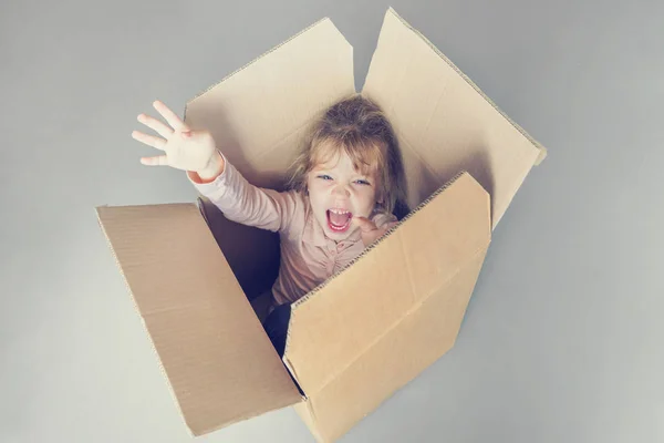 Llittle blonde girl screams inside a cardboard box. Toned