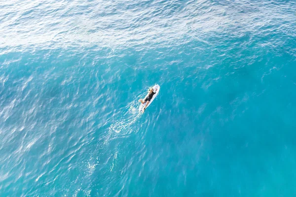 Surfer on a surfboard in the water, top view