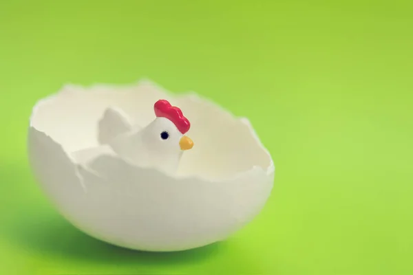 Küçük Oyuncak Tavuk Yumurta Kabuğu Üzerinde Yeşil Bir Arka Plan — Stok fotoğraf