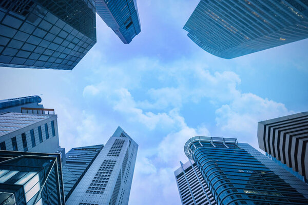 Bottom view of modern skyscraper. Business district