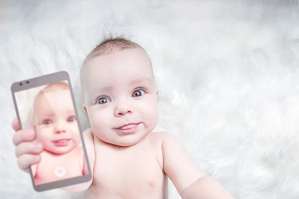 Funny Baby Girl Taking Selfie Tongue Out — Stock Photo, Image