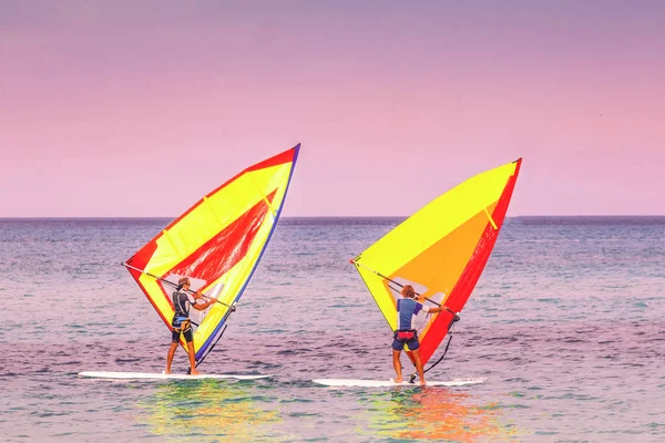 Palermo Ottobre 2017 Windsurfers Catch Wind Sea Sunset — Foto Stock