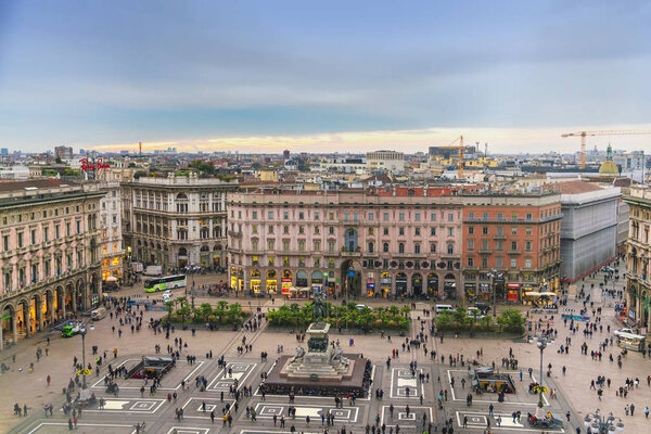 Milan, Italy, November 10, 2017: Piazza-Duomo with equestrian statue of King Vittorio Emanuel II, top view