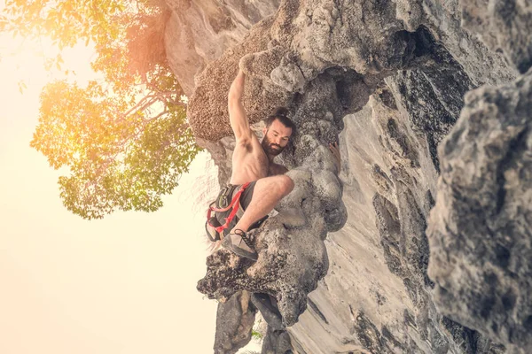 Young Male Climber Climbing Rock Wall Sunny Summer Day — Stock Photo, Image